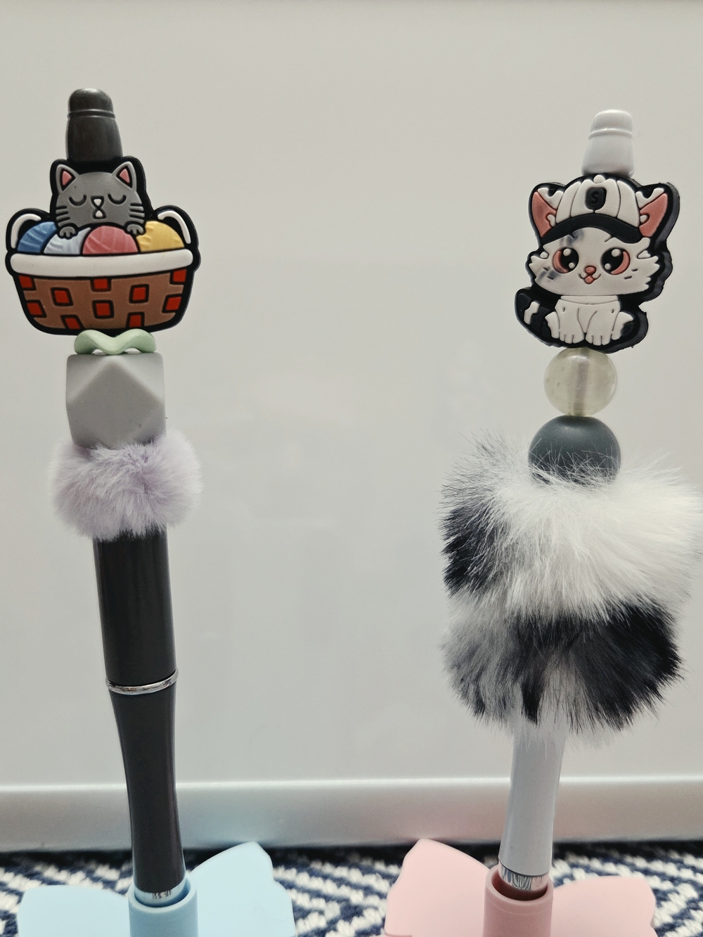 Set of Pom-Pom Cat Pen Toppers In Gray & White